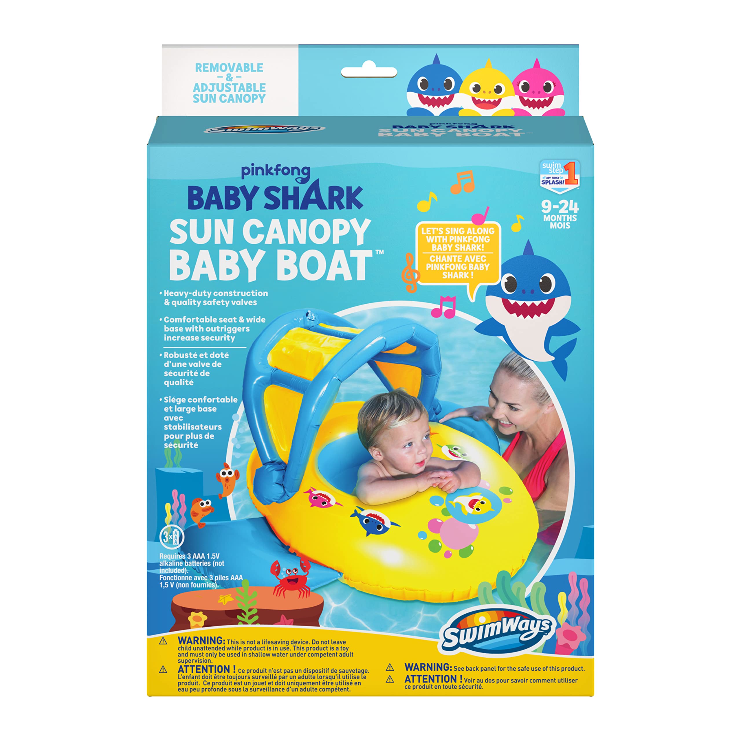 SwimWays Pinkfong Baby Shark Sun Canopy Baby Boat with Music