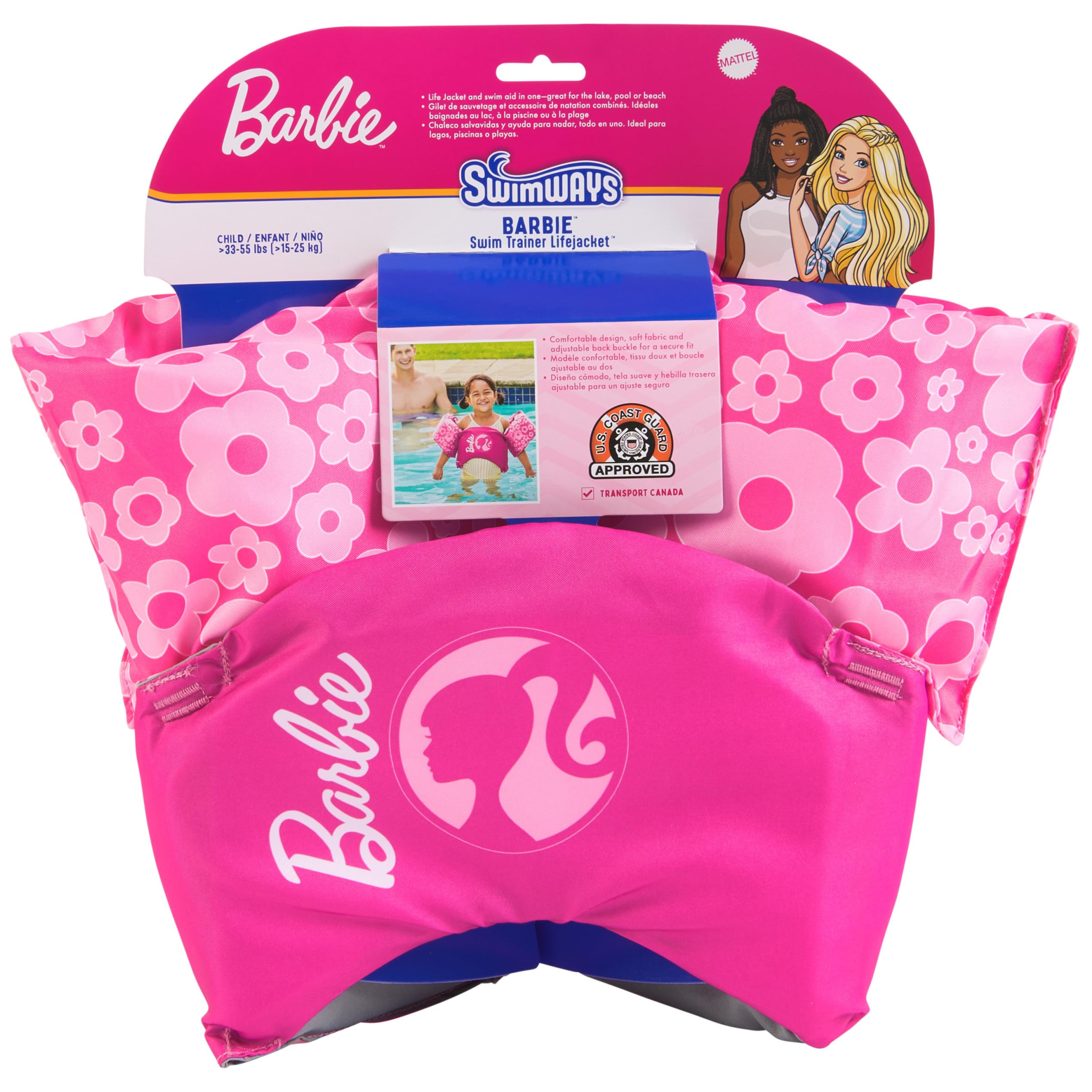 SwimWays Barbie Swim Trainer, US Coast Guard Approved Life Vest Kids Swim Vest, Arm Floaties & Life Jackets for Kids 33-55 lbs, Barbie
