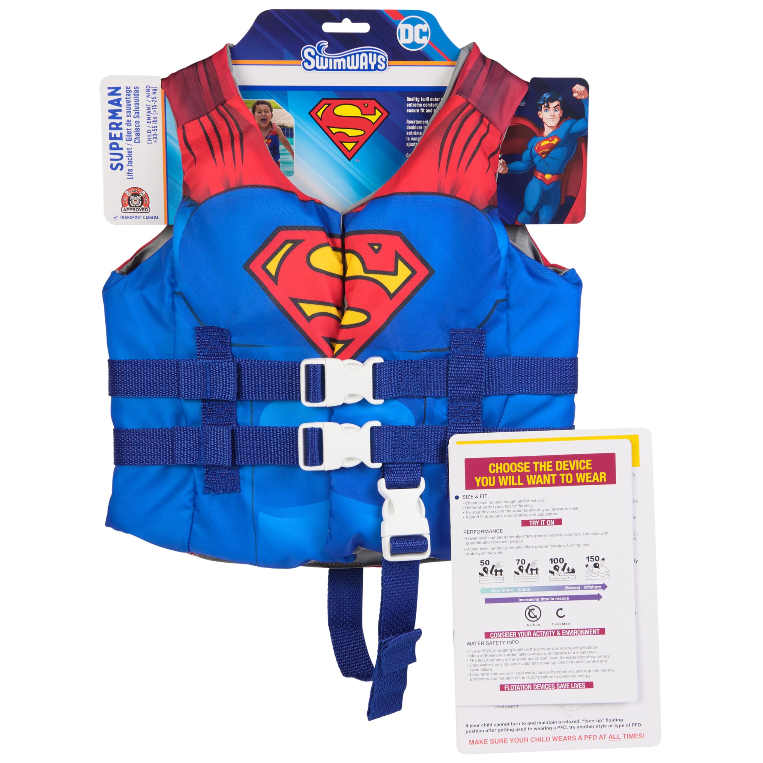 SwimWays DC Swim Trainer Life Jacket, US Coast Guard Approved Life Vest Kids Swim Vest, Pool Floats & Life Jackets for Kids 33-55 lbs, Superman