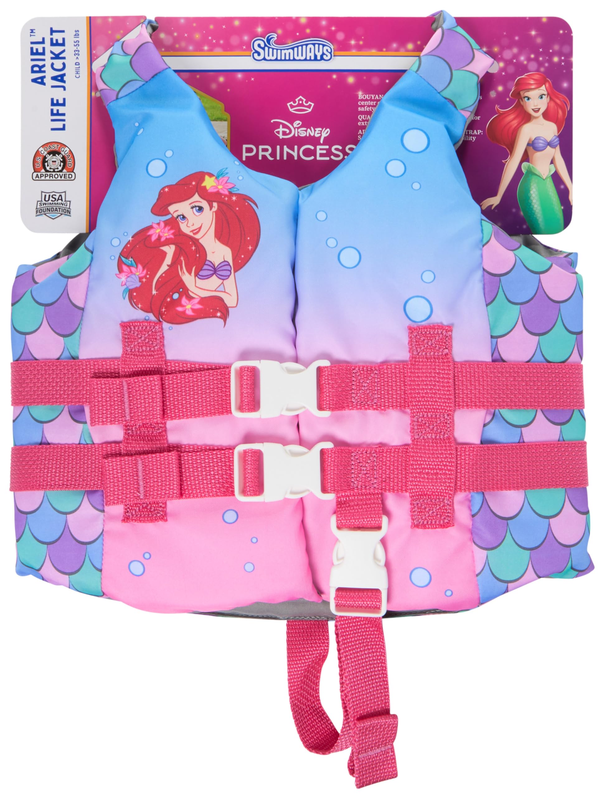 SwimWays Disney Princess Swim Trainer Life Jacket, US Coast Guard Approved Life Vest Kids Swim Vest, Pool Floats & Life Jackets for Kids 33-55 lbs