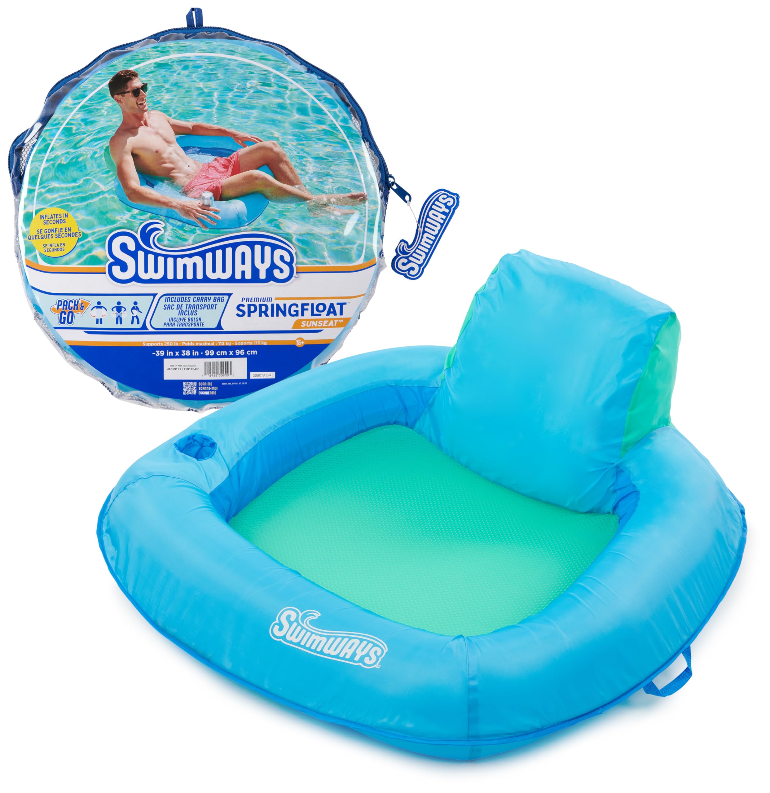 SwimWays Spring Float Premium SunSeat Pool Chairs, Inflatable Pool Floats Adult with Fast Inflation for Ages 15 & Up, Sky Blue