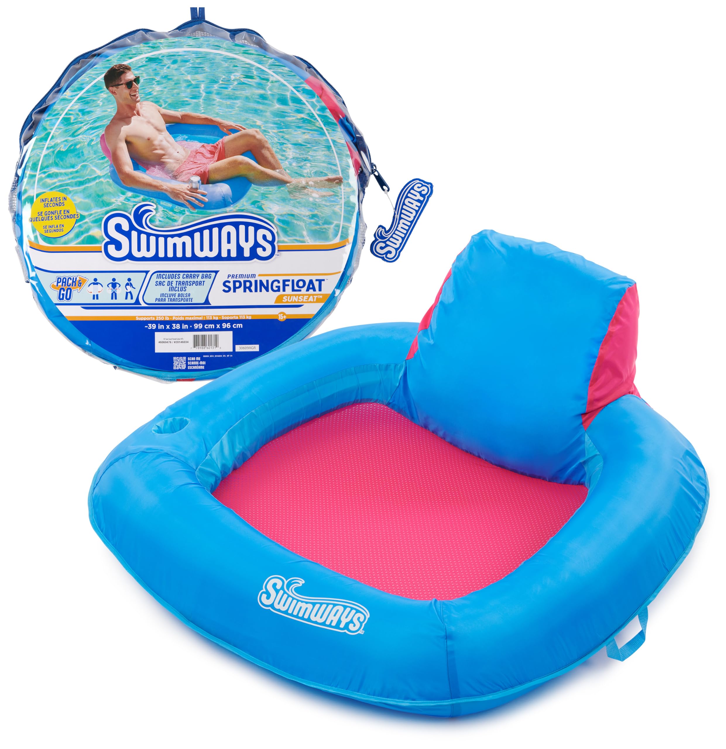 SwimWays Spring Float Premium SunSeat Pool Chairs, Inflatable Pool Floats Adult with Fast Inflation for Ages 15 & Up