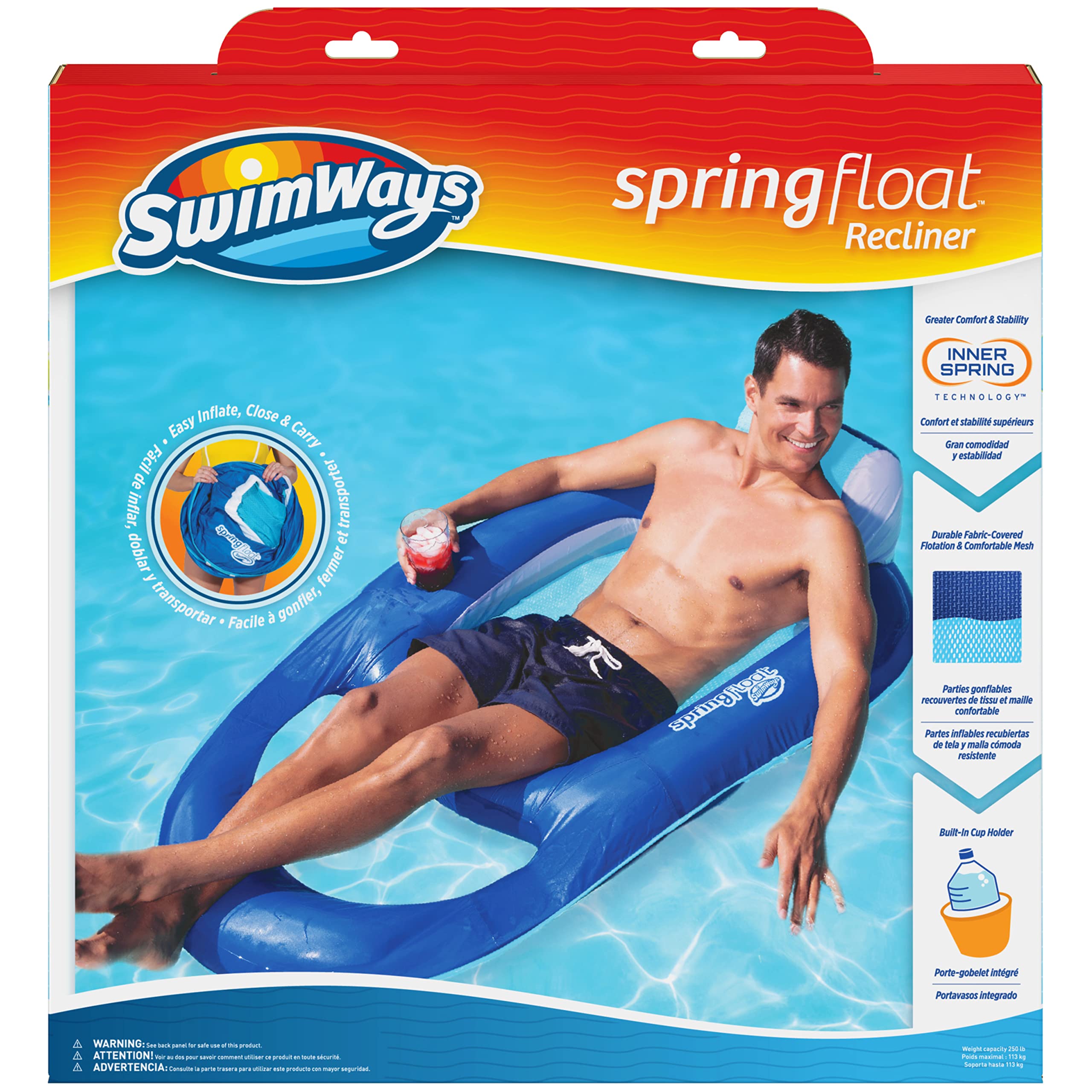 SwimWays Spring Float Recliner 6060700 Water Buoyant Summertime Relaxation Comfort Lounge Seat with Cup Holder for Pool Lake Beach Pond River Island, Aqua Blue