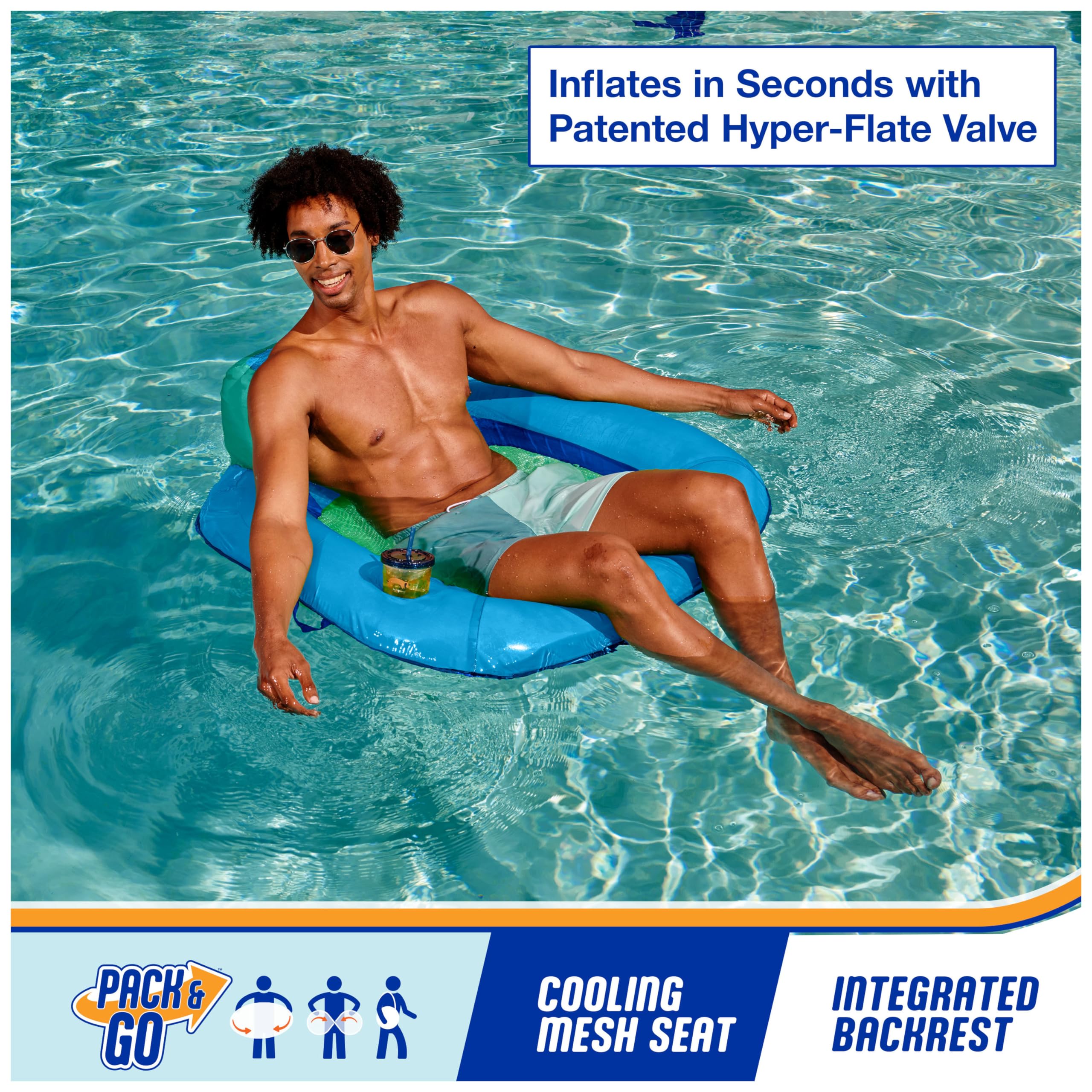SwimWays Spring Float Premium SunSeat Pool Chairs, Inflatable Pool Floats Adult with Fast Inflation for Ages 15 & Up, Sky Blue