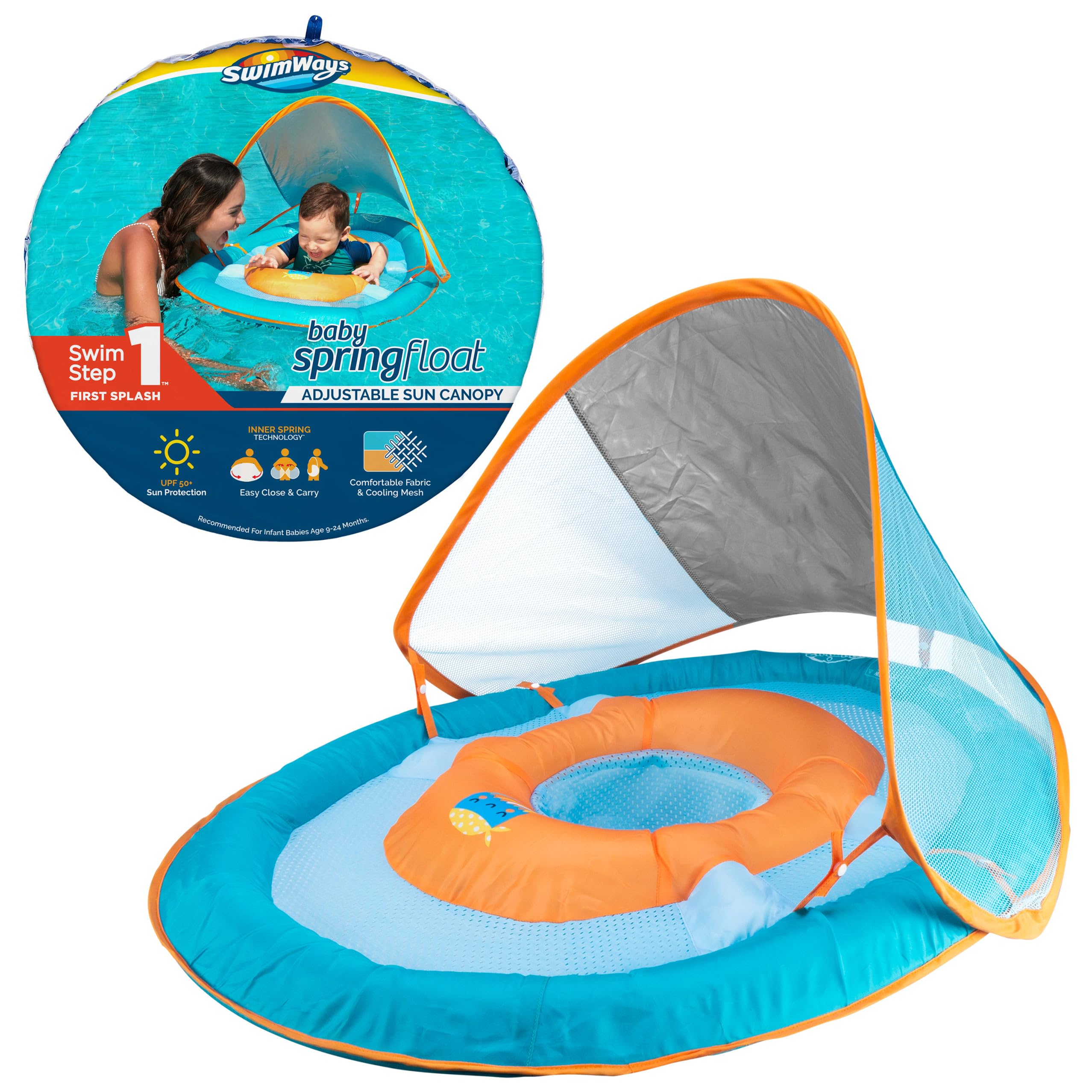 Swimways Baby Spring Float, Baby Pool Float with Canopy & UPF Protection, Swimming Pool Accessories