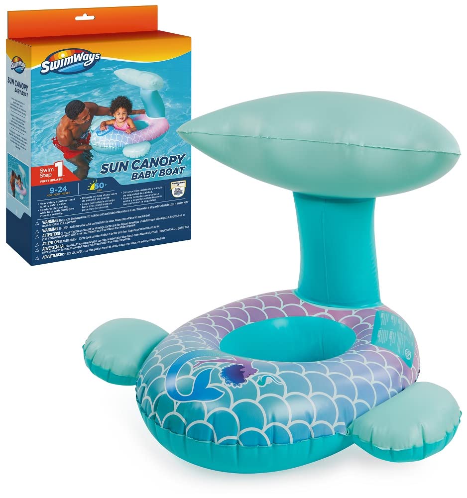 Swimways Sun Canopy Baby Boat, Inflatable Baby Pool Float & Swimming Pool Accessories with Fast Inflation, Mermaid Toys for Kids Aged 9-24 Months