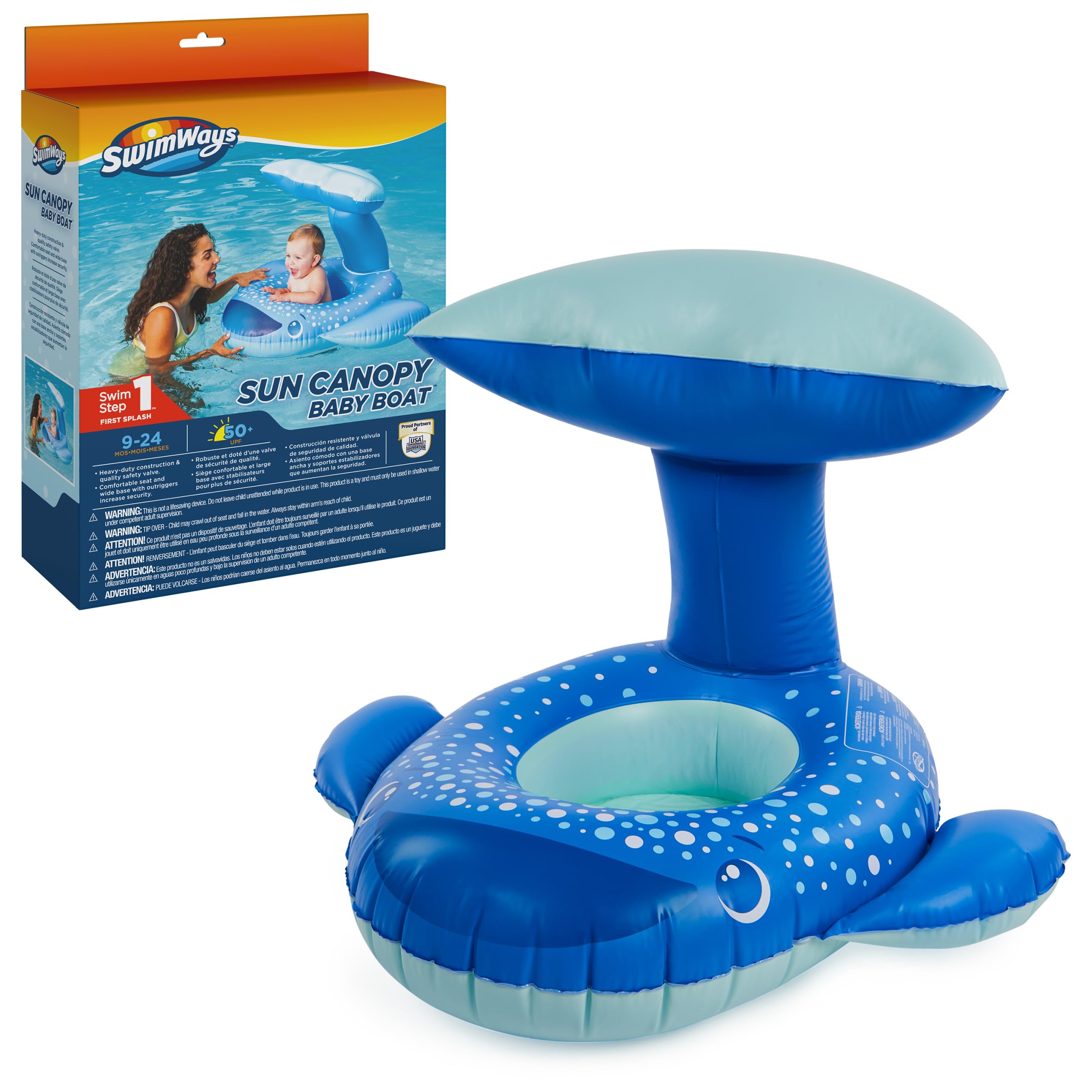 Swimways Sun Canopy Baby Boat, Inflatable Baby Pool Float & Swimming Pool Accessories with Fast Inflation, Whale Toys for Kids Aged 9-24 Months