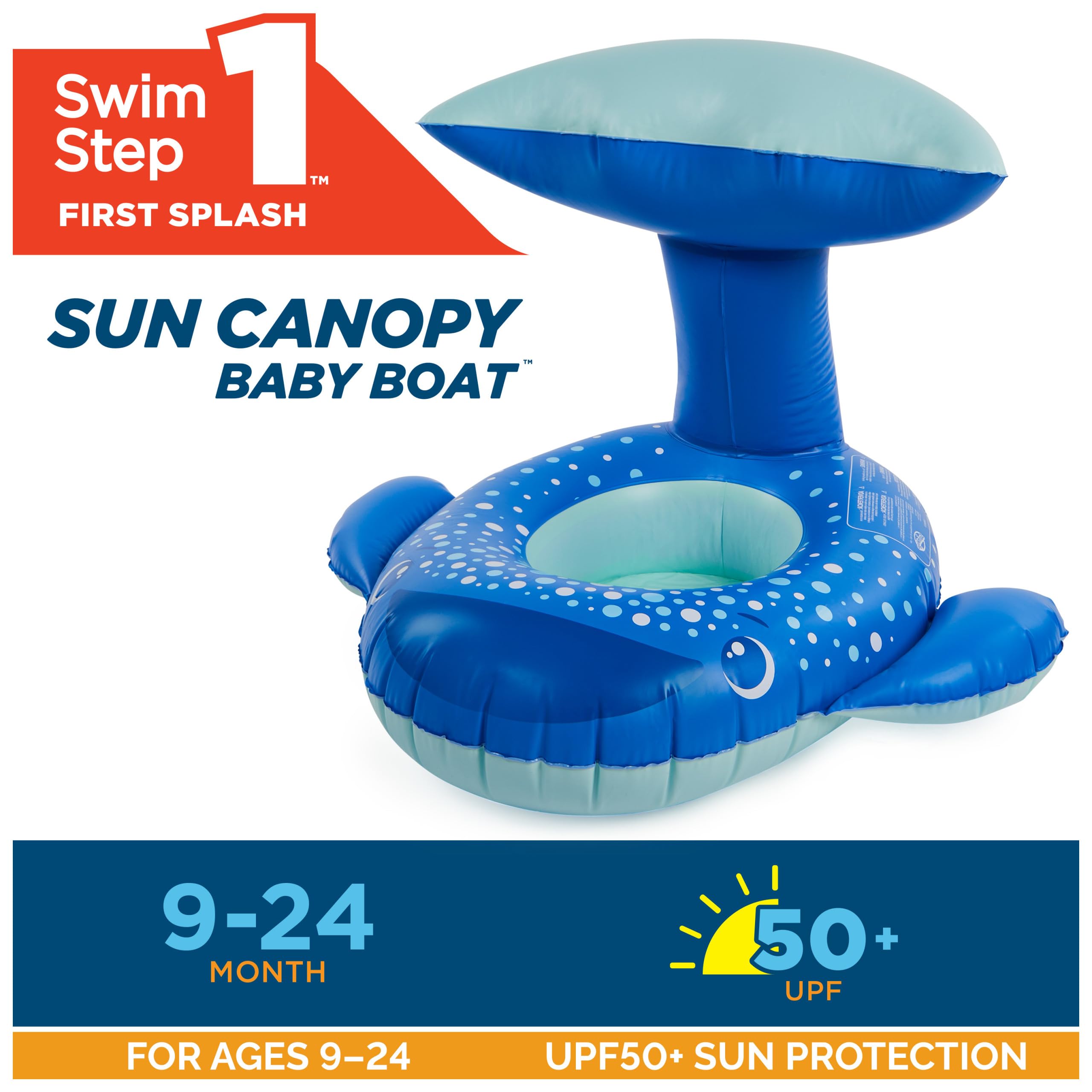 Swimways Sun Canopy Baby Boat, Inflatable Baby Pool Float & Swimming Pool Accessories with Fast Inflation, Whale Toys for Kids Aged 9-24 Months