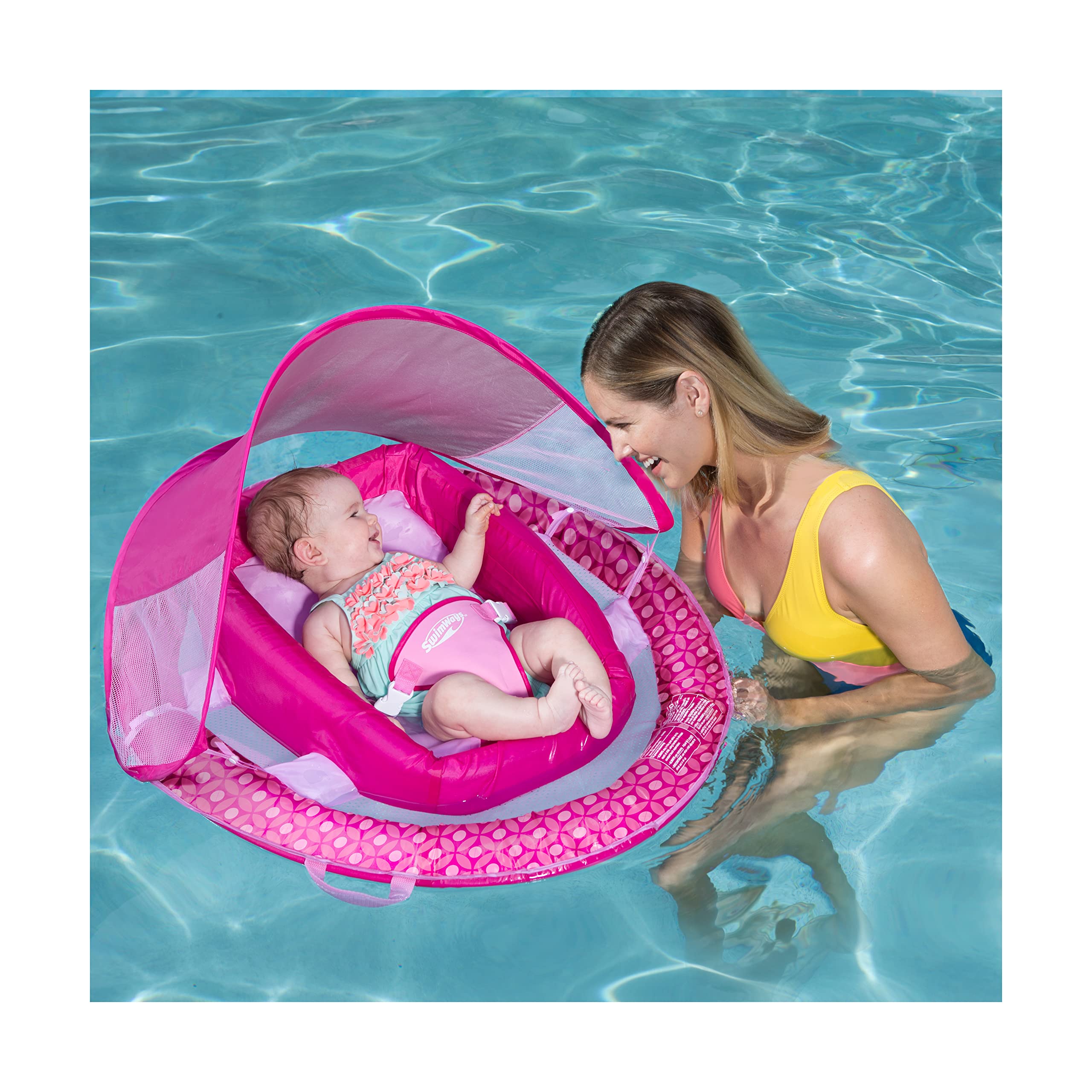 SwimWays Infant Baby Inflatable Swimming Pool Spring Float with Shade Canopy and 3 Point Harness for Ages 3 to 9 Months, Pink Flower