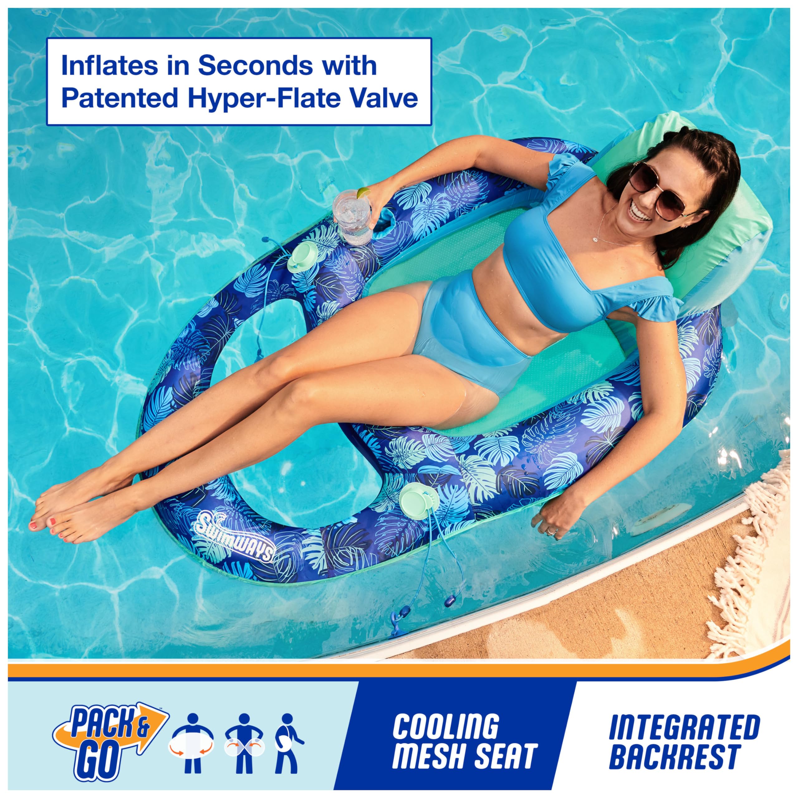Swimways Elite Spring Float Recliner Pool Lounge Chair, Inflatable Pool Floats with Fast Inflation, Pool Recliner for Adults up to 250 lbs