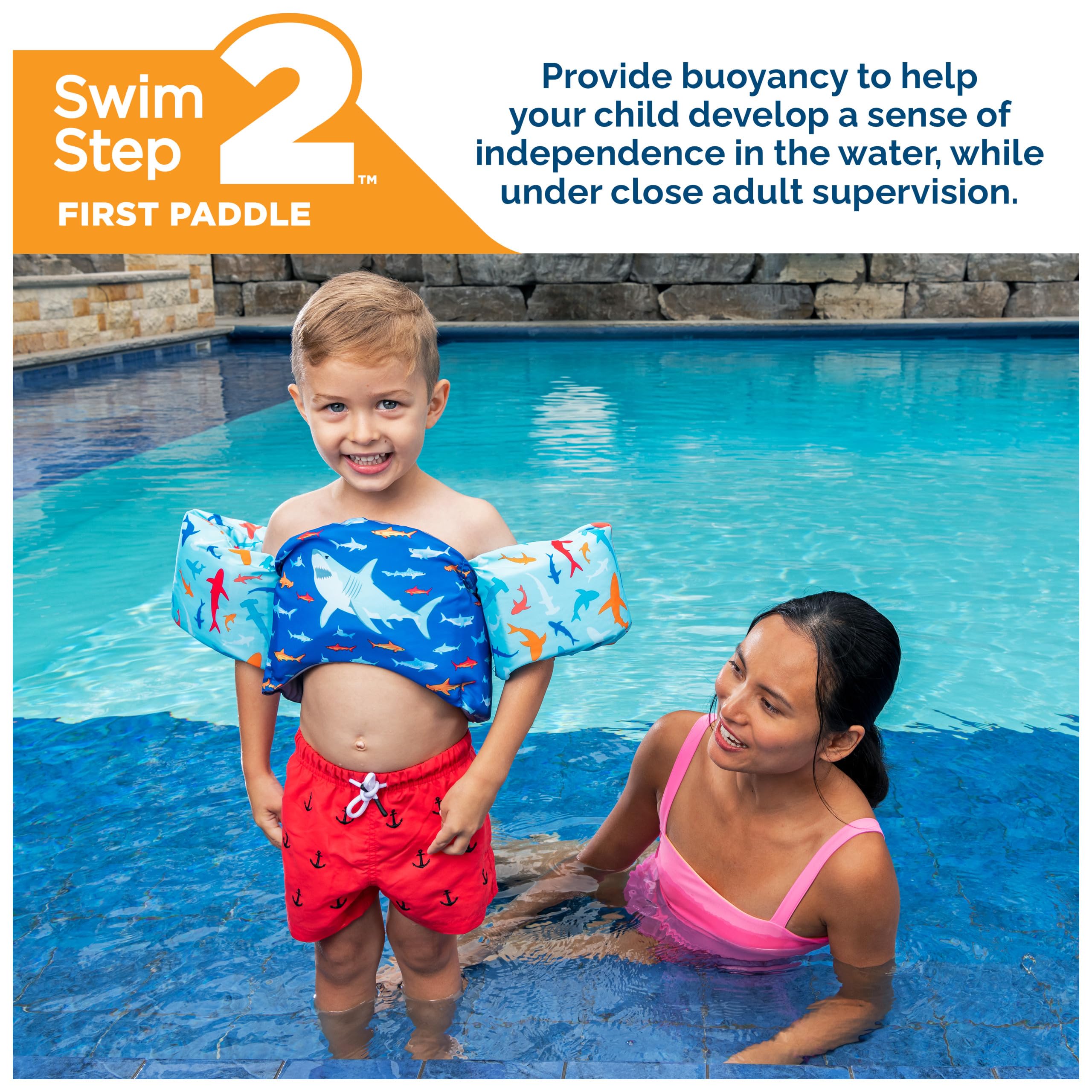 SwimWays Swim Trainer, US Coast Guard Approved Life Vest Kids Swim Vest, Arm Floaties & Life Jackets for Kids 33-55 lbs, Shark