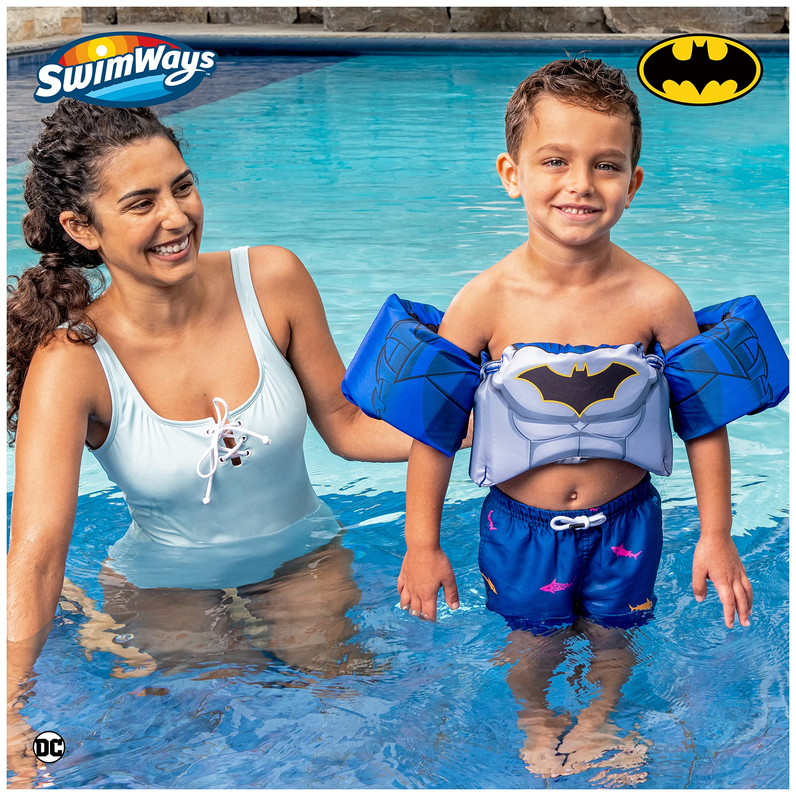 SwimWays DC Batman Swim Trainer, US Coast Guard Approved Life Vest Kids Swim Vest, Arm Floaties & Life Jackets for Kids 33-55 lbs, Batman