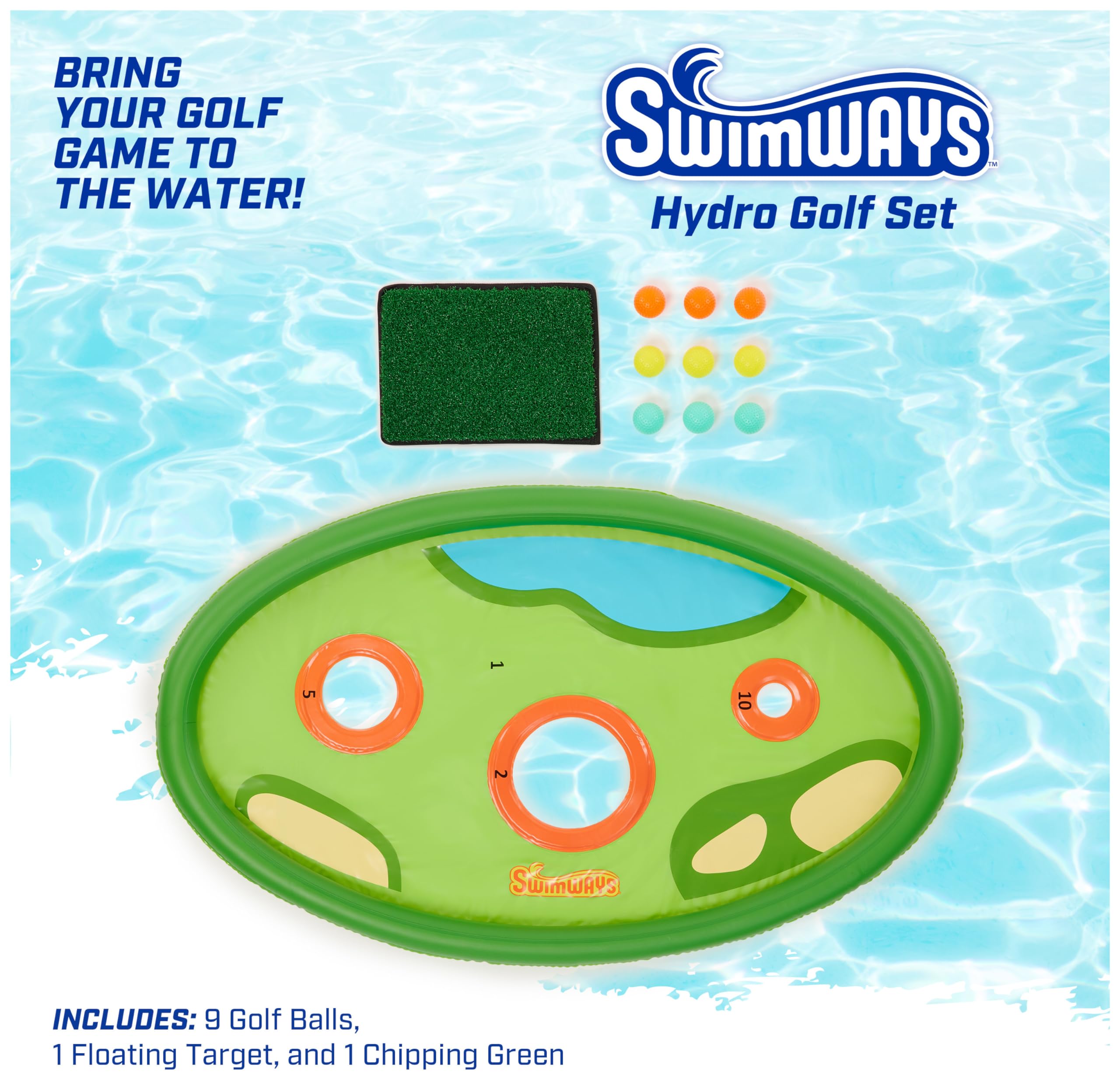 SwimWays Hydro Golf, Pool Toys for Kids and Adults, Floating Swimming Pool Game with Golf Balls and Chipping Green, Outdoor Toys for Kids Aged 5 & Up