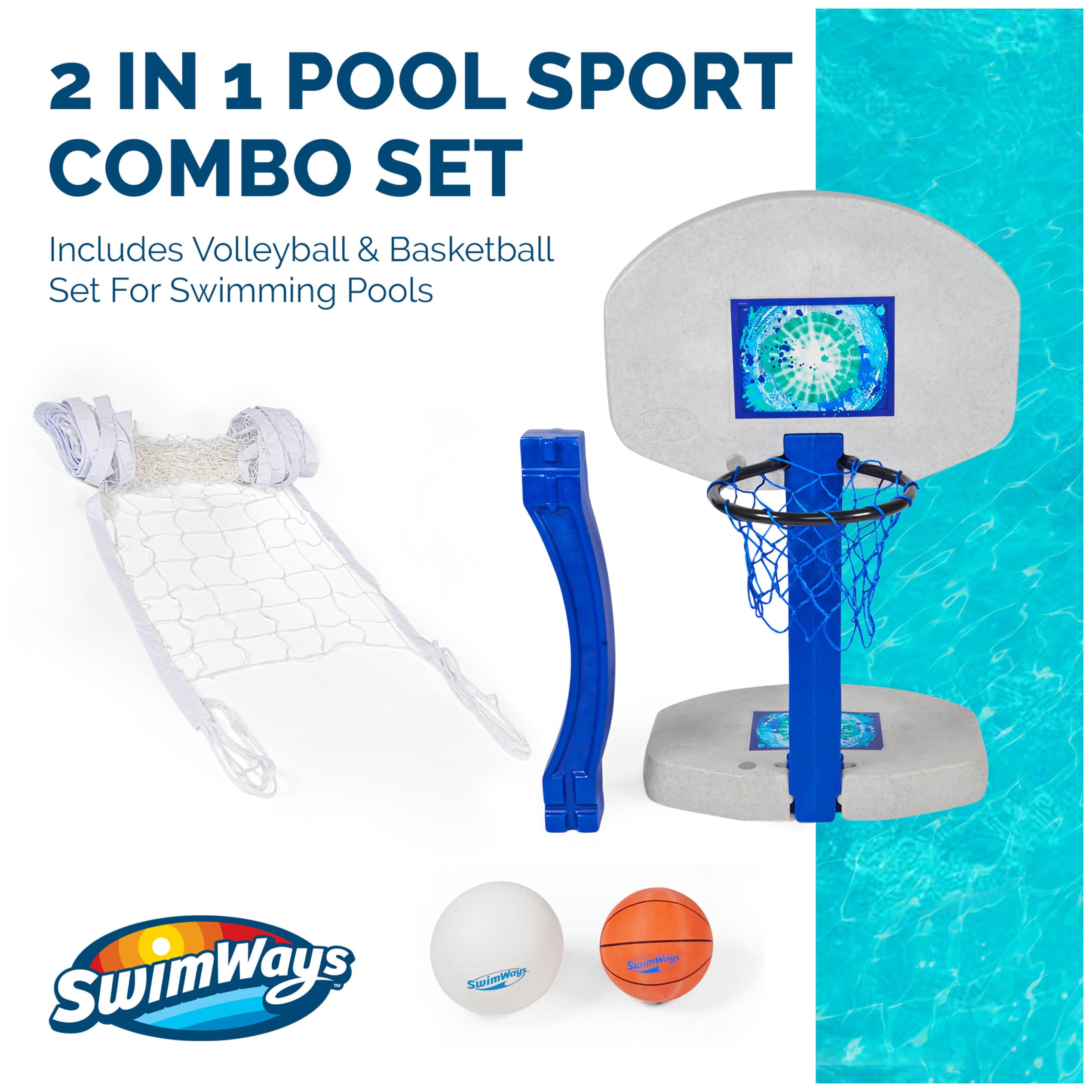 SwimWays 2-in-1 Pool Sport Combo Set - Volleyball Net & Outdoor Basketball Hoop for in- & Above Ground Pool, Outdoor Games for Adults and Family