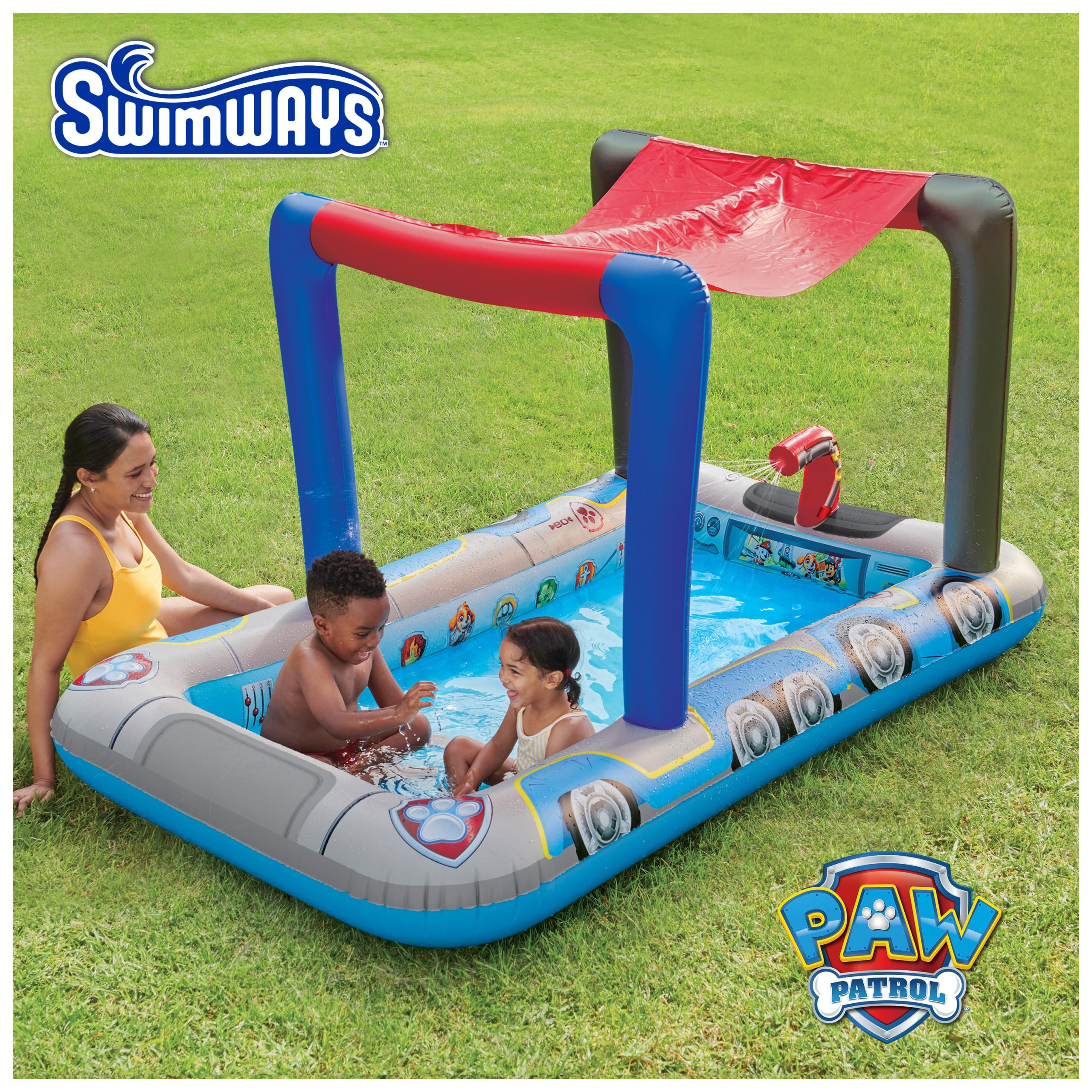 SwimWays Paw Patrol Pool Patroller Deluxe Inflatable Pool, Above Ground Pool with Canopy and Fast Inflation for Kids Aged Aged 3 & Up